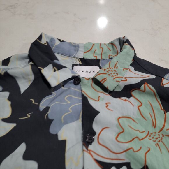 Topman Spliced Floral Hibiscus Viscose Green & BLUE Tropical Hawaiian Shirt NWOT - Picture 6 of 10